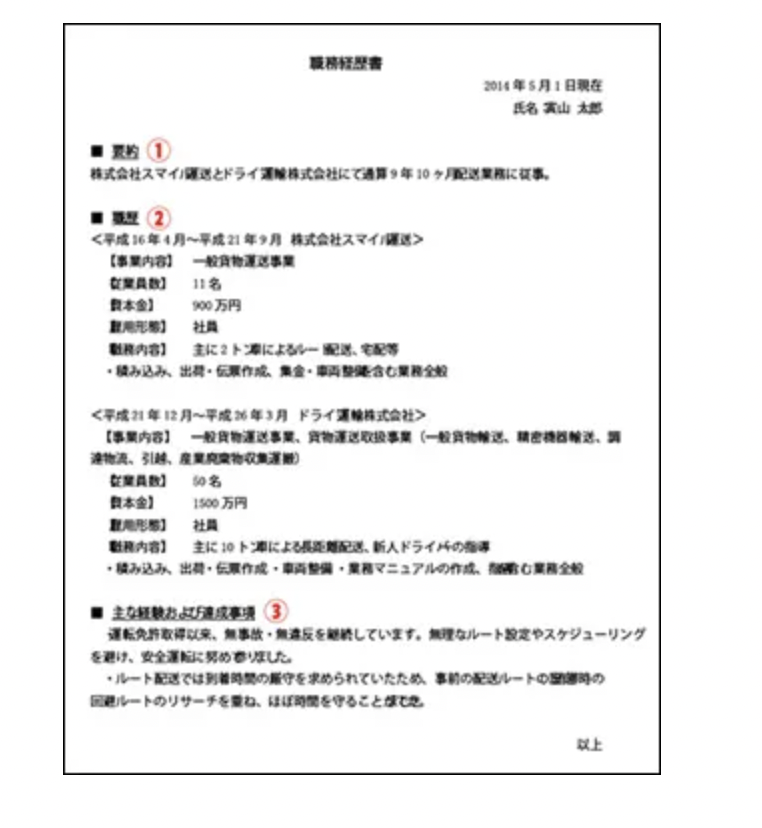 トラックマンジョブ職務経歴書書き方